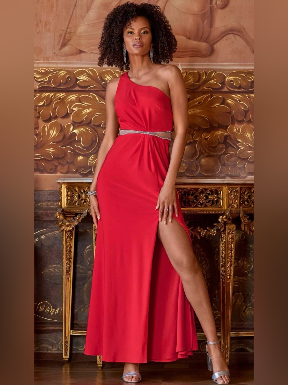 Boston Proper One-Shoulder Red Evening Gown with Rhinestone Waist